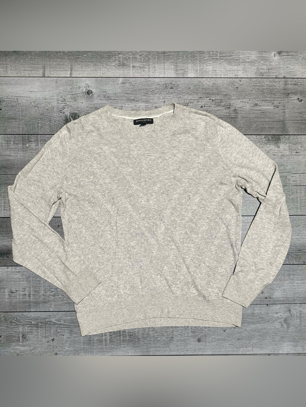 Banana Republic Womens L Chevron Knit Crewneck Sweater Light Gray Cotton Rayon